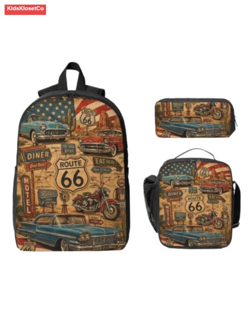 Vintage School Backpack Set with Lunch Box, Pencil Case, Polyester, Lightweight